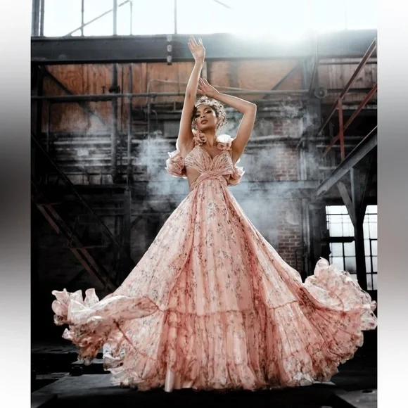 Mac Duggal 67803 Floral Chiffon Cutout Ruffle Shoulder Ball Gown Maxi Dress sz 8 - Picture 2 of 15